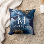 Navy Blue Gold Modern Floral Monogram Familienaam Kussen (Deken)
