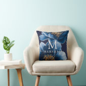 Navy Blue Gold Modern Floral Monogram Familienaam Kussen (Stoel)