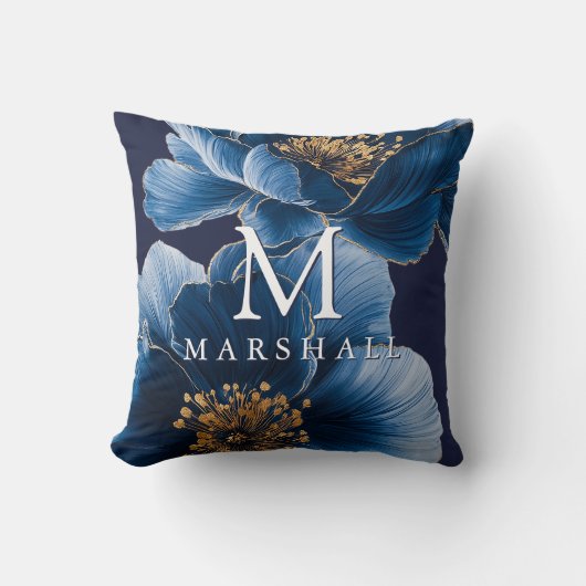 Navy Blue Gold Modern Floral Monogram Familienaam Kussen (Voorkant)