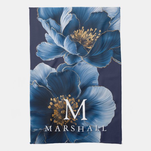 Navy Blue Gold Modern Floral Monogram Familienaam Theedoek (Verticaal)