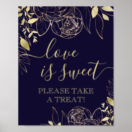 Navy Blue & Gold Modern Floral Sweet Favor Table Poster