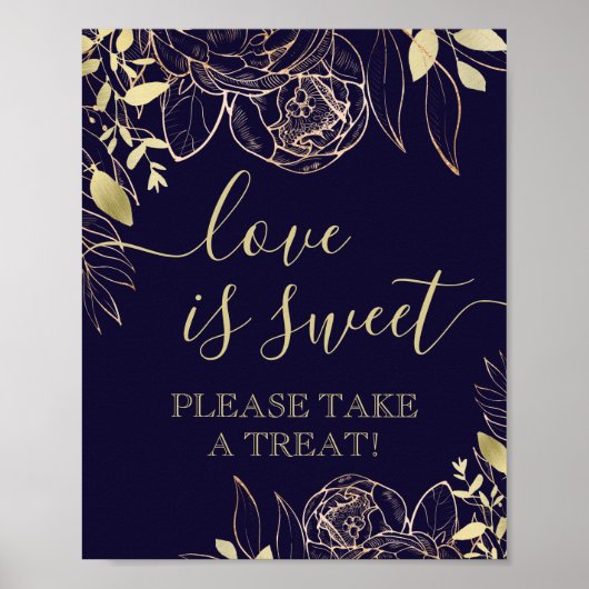 Navy Blue & Gold Modern Floral Sweet Favor Table Poster (Voorkant)