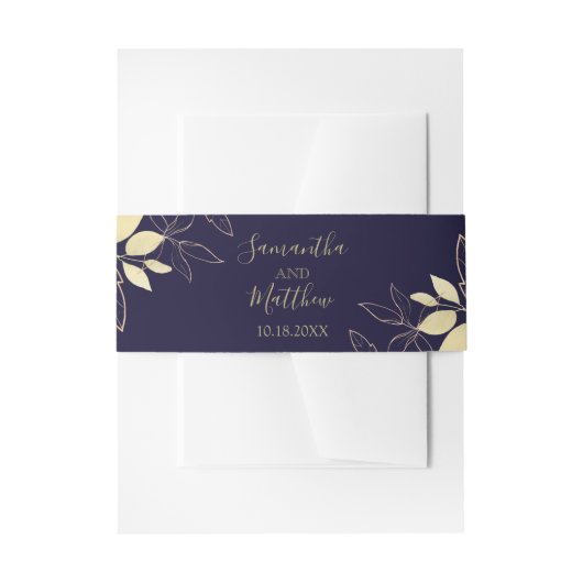 Navy Blue & Gold Modern Foliage Wedding Uitnodigingen Wikkel (Voorkant Voorbeeld)