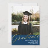 Navy Blue Gold Modern Script | Foto Afstuderen Aankondiging (Voorkant)