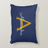Navy Blue Gold Modern Script Girly Monogram Naam Accent Kussen (Voorkant(Verticaal))