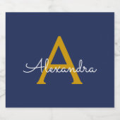 Navy Blue Gold Modern Script Girly Monogram Naam Bier Etiket (Enkel label)