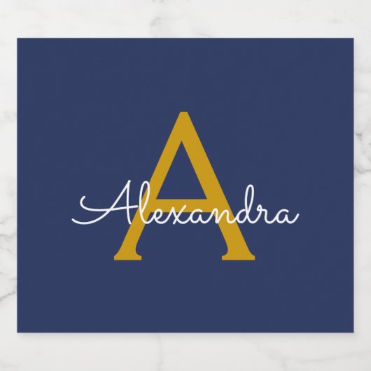 Navy Blue Gold Modern Script Girly Monogram Naam Bier Etiket (Enkel label)