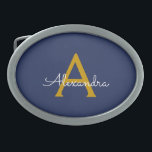 Navy Blue Gold Modern Script Girly Monogram Naam Gesp<br><div class="desc">Navy Blue en Gold Simple Script Monogram Naam Belt Buckle. Dit maakt het perfecte afstuderen,  zoet 16 16th,  18th,  21st,  30th,  40th,  50th,  60th,  70th,  80th,  90th,  100th Birthday,  bruiloft,  vrijgezellenfeest,  jubileum,  baby shower of vrijgezellenfeest cadeau voor iemand die houdt van glamoureuze luxe en chique stijlen.</div>