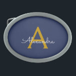 Navy Blue Gold Modern Script Girly Monogram Naam Gesp<br><div class="desc">Navy Blue en Gold Simple Script Monogram Naam Belt Buckle. Dit maakt het perfecte afstuderen,  zoet 16 16th,  18th,  21st,  30th,  40th,  50th,  60th,  70th,  80th,  90th,  100th Birthday,  bruiloft,  vrijgezellenfeest,  jubileum,  baby shower of vrijgezellenfeest cadeau voor iemand die houdt van glamoureuze luxe en chique stijlen.</div>