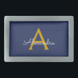 Navy Blue Gold Modern Script Girly Monogram Naam Gesp<br><div class="desc">Navy Blue en Gold Simple Script Monogram Naam Belt Buckle. Dit maakt het perfecte afstuderen,  zoet 16 16th,  18th,  21st,  30th,  40th,  50th,  60th,  70th,  80th,  90th,  100th Birthday,  bruiloft,  vrijgezellenfeest,  jubileum,  baby shower of vrijgezellenfeest cadeau voor iemand die houdt van glamoureuze luxe en chique stijlen.</div>