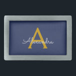 Navy Blue Gold Modern Script Girly Monogram Naam Gesp<br><div class="desc">Navy Blue en Gold Simple Script Monogram Naam Belt Buckle. Dit maakt het perfecte afstuderen,  zoet 16 16th,  18th,  21st,  30th,  40th,  50th,  60th,  70th,  80th,  90th,  100th Birthday,  bruiloft,  vrijgezellenfeest,  jubileum,  baby shower of vrijgezellenfeest cadeau voor iemand die houdt van glamoureuze luxe en chique stijlen.</div>