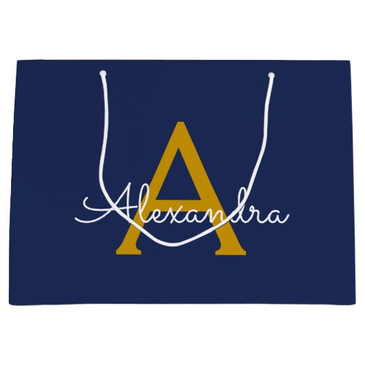 Navy Blue Gold Modern Script Girly Monogram Naam Groot Cadeauzakje (Voorkant)