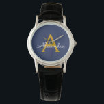 Navy Blue Gold Modern Script Girly Monogram Naam Horloge<br><div class="desc">Navy Blue en Gold Simple Script Monogram Naam Horloge. Dit maakt het perfecte afstuderen,  verjaardagscadeau,  bruiloft,  vrijgezellenfeest,  jubileum,  baby shower of vrijgezellenfeest cadeau voor iemand die houdt van glamoureuze en chique stijlen.</div>