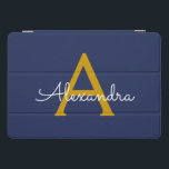 Navy Blue Gold Modern Script Girly Monogram Naam iPad Pro Cover<br><div class="desc">Navy Blue en Gold Simple Script Monogram Naam Laptop Hoesje. Dit maakt het perfecte zoete 16-jarige verjaardagscadeau,  bruiloft,  vrijgezellenfeest,  jubileum,  baby shower of vrijgezellenfeest voor iemand die van glamoureuze luxe en chique stijlen houdt.</div>