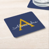 Navy Blue Gold Modern Script Girly Monogram Naam Kartonnen Onderzetters (Schuin)