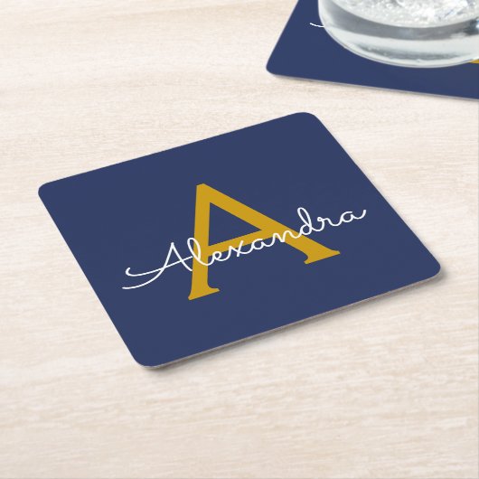 Navy Blue Gold Modern Script Girly Monogram Naam Kartonnen Onderzetters (Schuin)