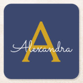Navy Blue Gold Modern Script Girly Monogram Naam Kartonnen Onderzetters (Voorkant)