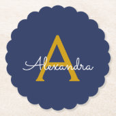 Navy Blue Gold Modern Script Girly Monogram Naam Kartonnen Onderzetters (Voorkant)