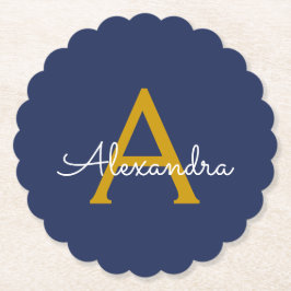 Navy Blue Gold Modern Script Girly Monogram Naam Kartonnen Onderzetters