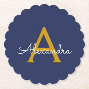 Navy Blue Gold Modern Script Girly Monogram Naam Kartonnen Onderzetters