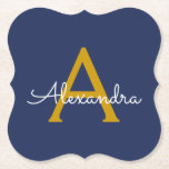 Navy Blue Gold Modern Script Girly Monogram Naam Kartonnen Onderzetters<br><div class="desc">Navy Blue en Gold Simple Script Monogram Name Paper Onderzetters. Dit maakt het perfecte afstuderen,  de verjaardag,  de bruiloft,  het vrijgezellenfeest,  de verjaardag,  het baby shower of het bachelorette feest cadeau voor iemand die van glam luxe en chic stijlen houdt.</div>