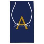 Navy Blue Gold Modern Script Girly Monogram Naam Klein Cadeauzakje (Achterkant)