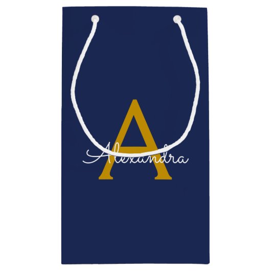 Navy Blue Gold Modern Script Girly Monogram Naam Klein Cadeauzakje (Achterkant)