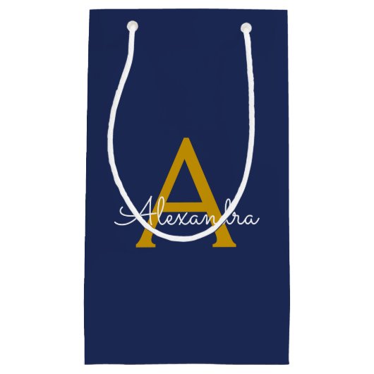 Navy Blue Gold Modern Script Girly Monogram Naam Klein Cadeauzakje (Voorkant)