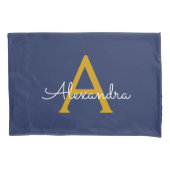 Navy Blue Gold Modern Script Girly Monogram Naam Kussensloop (Voorkant)