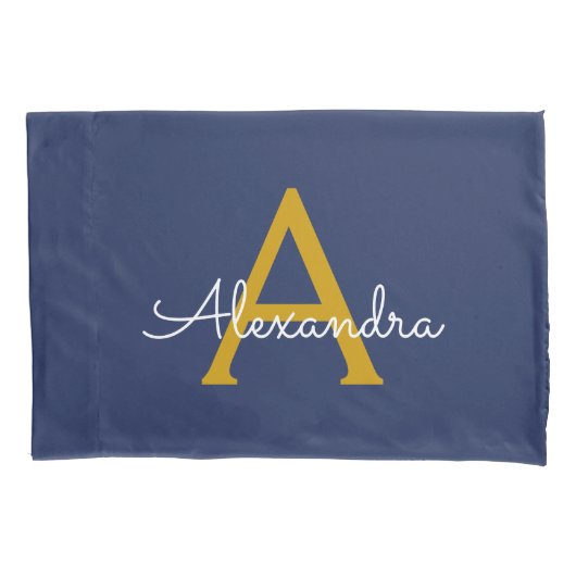 Navy Blue Gold Modern Script Girly Monogram Naam Kussensloop (Voorkant)