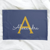 Navy Blue Gold Modern Script Girly Monogram Naam Kussensloop