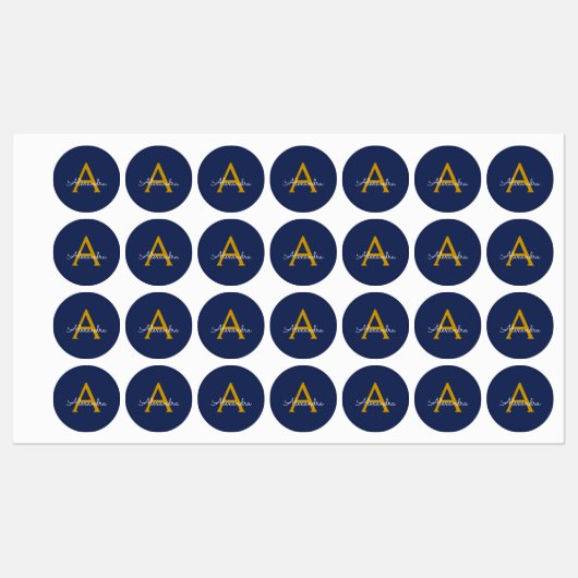 Navy Blue Gold Modern Script Girly Monogram Naam Labels (Vel)