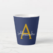 Navy Blue Gold Modern Script Girly Monogram Naam Latte Mok (Voorkant)