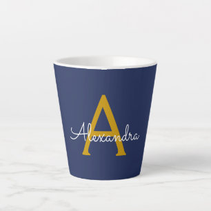 Navy Blue Gold Modern Script Girly Monogram Naam Latte Mok