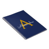 Navy Blue Gold Modern Script Girly Monogram Naam Notitieboek (Rechterzijde)