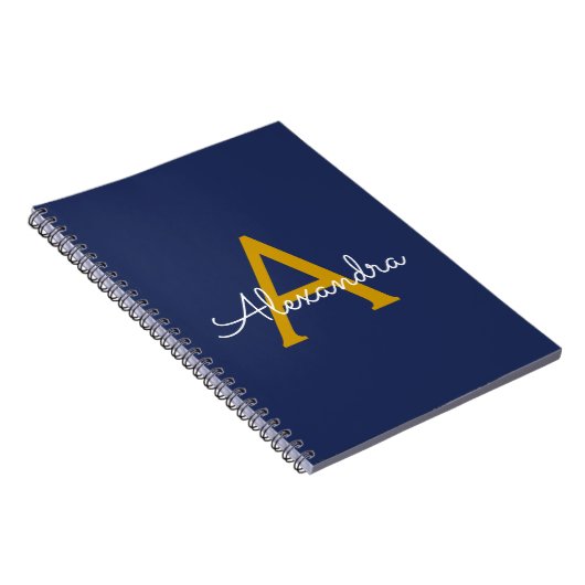 Navy Blue Gold Modern Script Girly Monogram Naam Notitieboek (Rechterzijde)