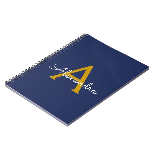Navy Blue Gold Modern Script Girly Monogram Naam Notitieboek (Linkerzijde)
