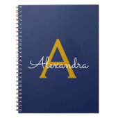 Navy Blue Gold Modern Script Girly Monogram Naam Notitieboek (Voorkant)