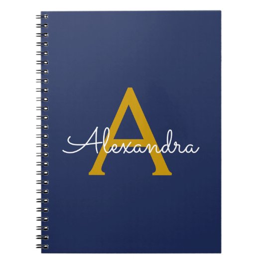 Navy Blue Gold Modern Script Girly Monogram Naam Notitieboek (Voorkant)