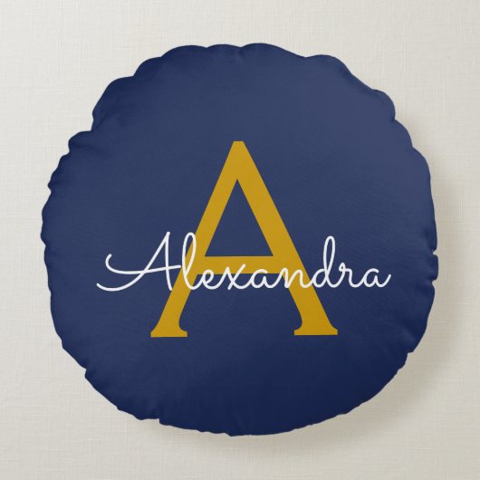 Navy Blue Gold Modern Script Girly Monogram Naam Rond Kussen (Voorkant)