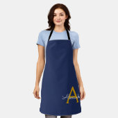 Navy Blue Gold Modern Script Girly Monogram Naam Schort (Gedragen)