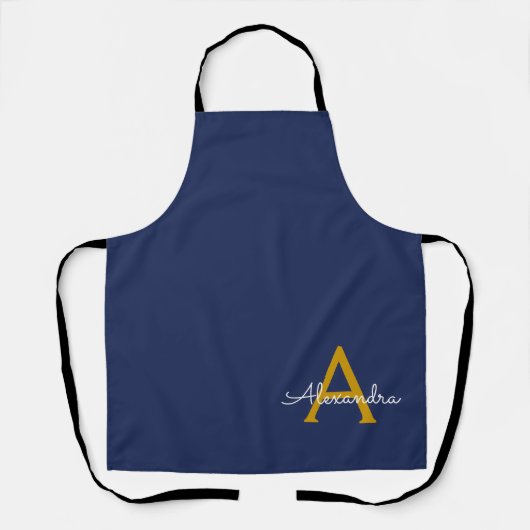 Navy Blue Gold Modern Script Girly Monogram Naam Schort (Voorkant)