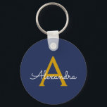 Navy Blue Gold Modern Script Girly Monogram Naam Sleutelhanger<br><div class="desc">Het marineblauw en goud eenvoudige script Monogram naam sleutelhangers (Sleutelhanger). Dit maakt het perfecte zoete 16-jarige verjaardagscadeau,  bruiloft,  vrijgezellenfeest,  jubileum,  baby shower of vrijgezellenfeest voor iemand die van glamoureuze luxe en chique stijlen houdt.</div>