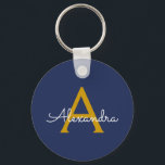 Navy Blue Gold Modern Script Girly Monogram Naam Sleutelhanger<br><div class="desc">Het marineblauw en goud eenvoudige script Monogram naam sleutelhangers (Sleutelhanger). Dit maakt het perfecte zoete 16-jarige verjaardagscadeau,  bruiloft,  vrijgezellenfeest,  jubileum,  baby shower of vrijgezellenfeest voor iemand die van glamoureuze luxe en chique stijlen houdt.</div>