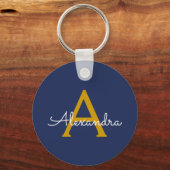 Navy Blue Gold Modern Script Girly Monogram Naam Sleutelhanger (Voorkant)