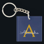 Navy Blue Gold Modern Script Girly Monogram Naam Sleutelhanger<br><div class="desc">Navy Blue en Gold Simple Script Monogram Naam Sleutelhanger. Dit maakt het perfecte zoete 16-jarige verjaardagscadeau,  bruiloft,  vrijgezellenfeest,  jubileum,  baby shower of vrijgezellenfeest voor iemand die van glamoureuze luxe en chique stijlen houdt.</div>