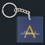 Navy Blue Gold Modern Script Girly Monogram Naam Sleutelhanger<br><div class="desc">Navy Blue en Gold Simple Script Monogram Naam Sleutelhanger. Dit maakt het perfecte zoete 16-jarige verjaardagscadeau,  bruiloft,  vrijgezellenfeest,  jubileum,  baby shower of vrijgezellenfeest voor iemand die van glamoureuze luxe en chique stijlen houdt.</div>