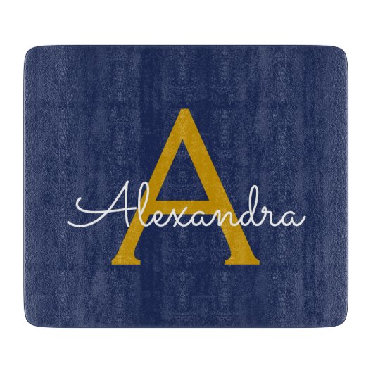 Navy Blue Gold Modern Script Girly Monogram Naam Snijplank (Voorkant)