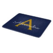 Navy Blue Gold Modern Script Girly Monogram Naam Snijplank (Hoek)