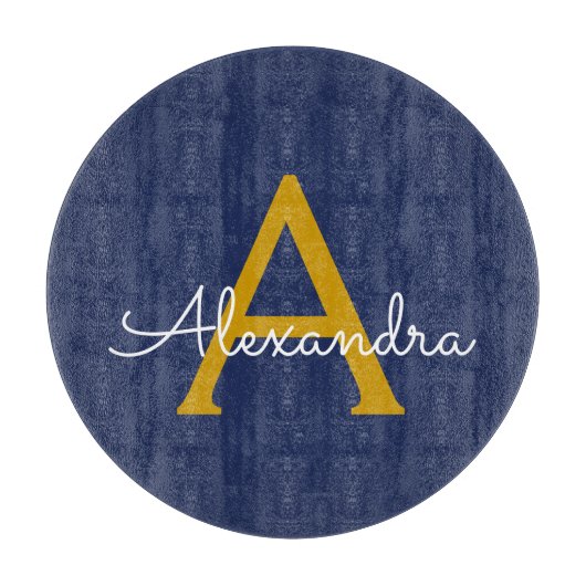 Navy Blue Gold Modern Script Girly Monogram Naam Snijplank (Voorkant)